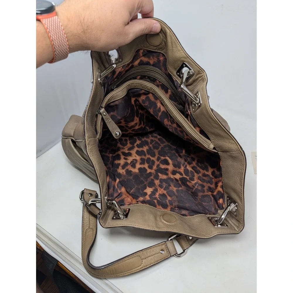 B. Makowsky Taupe Leather Hobo Bag Leopard Print Lining Silver Hardware Large